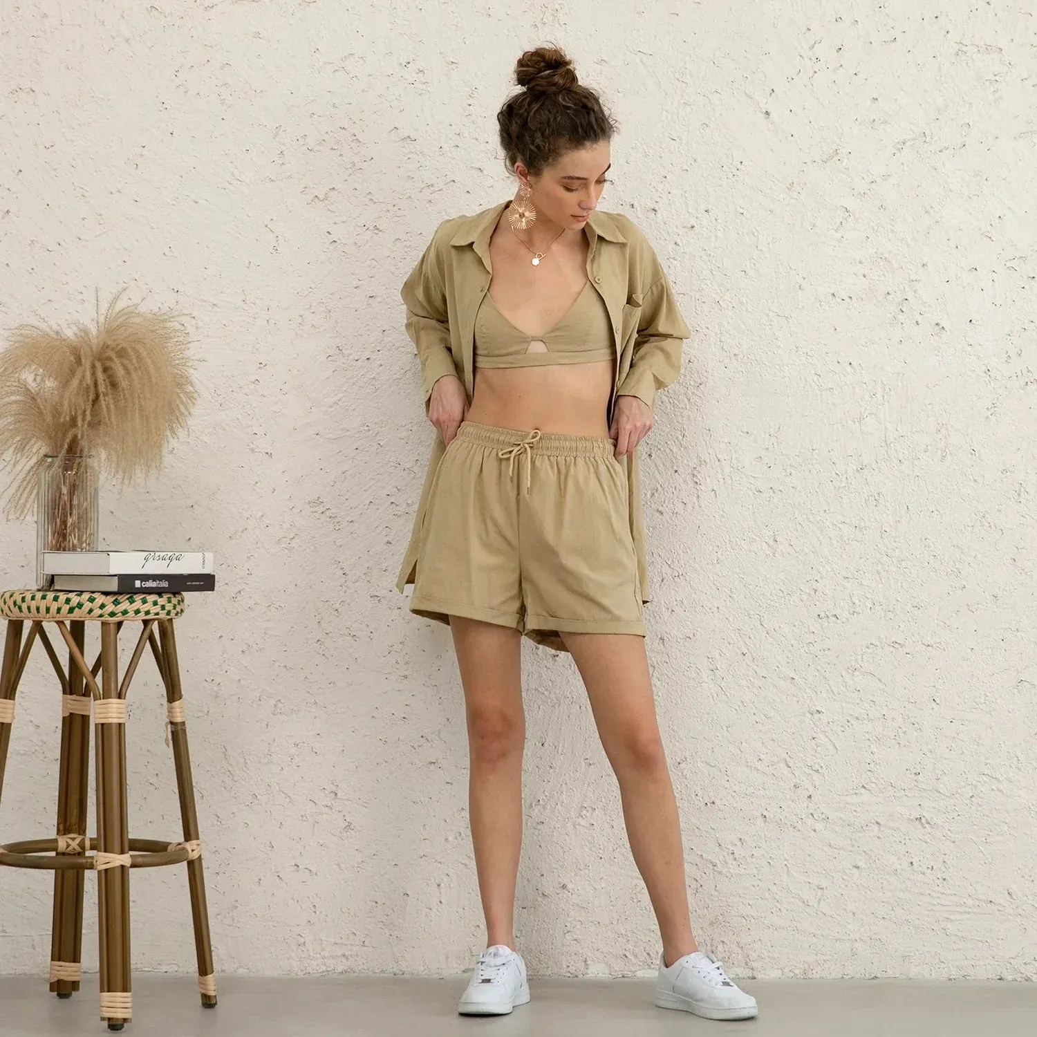 3-pieces Set In Khaki (bustier top   shirt   shorts)