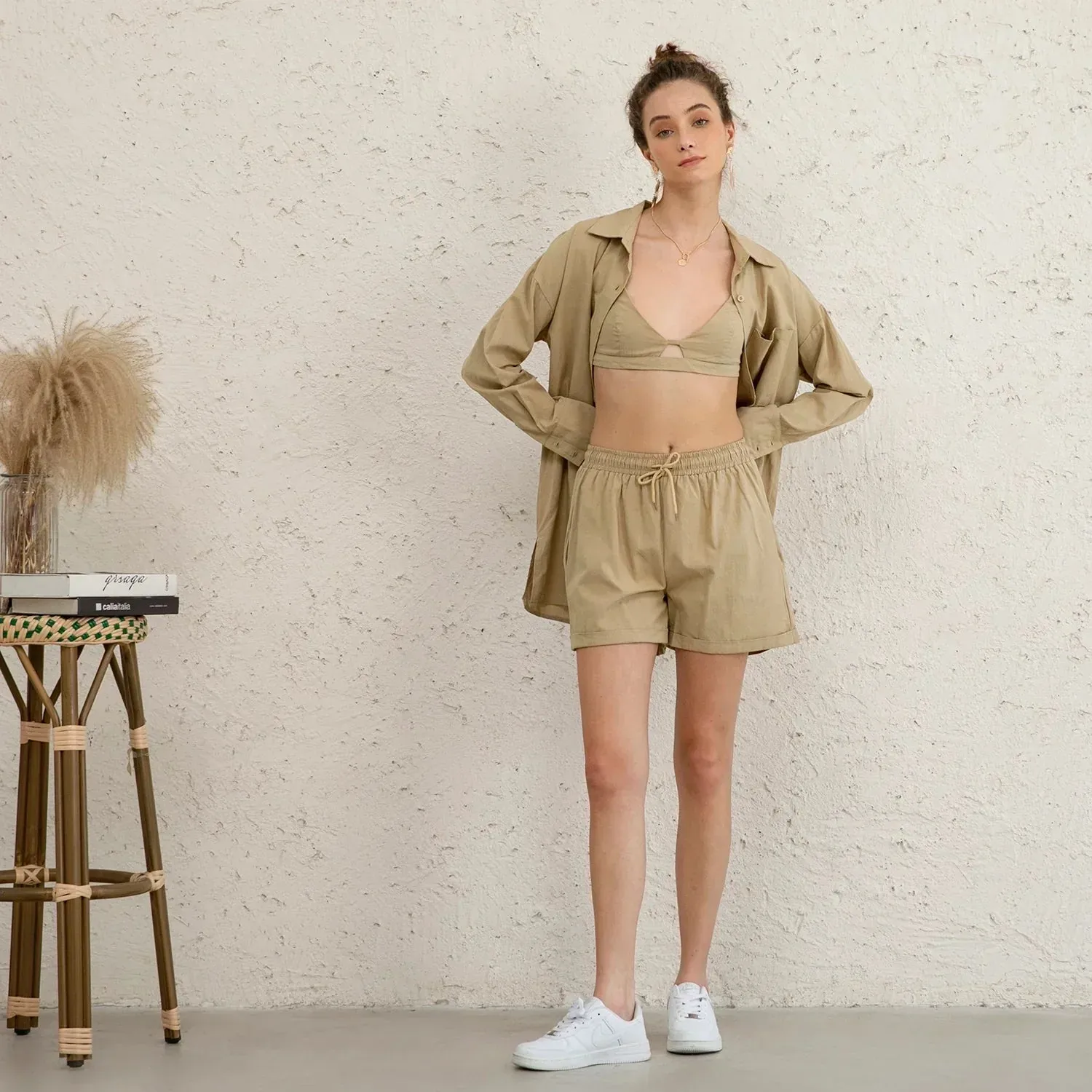 3-pieces Set In Khaki (bustier top   shirt   shorts)