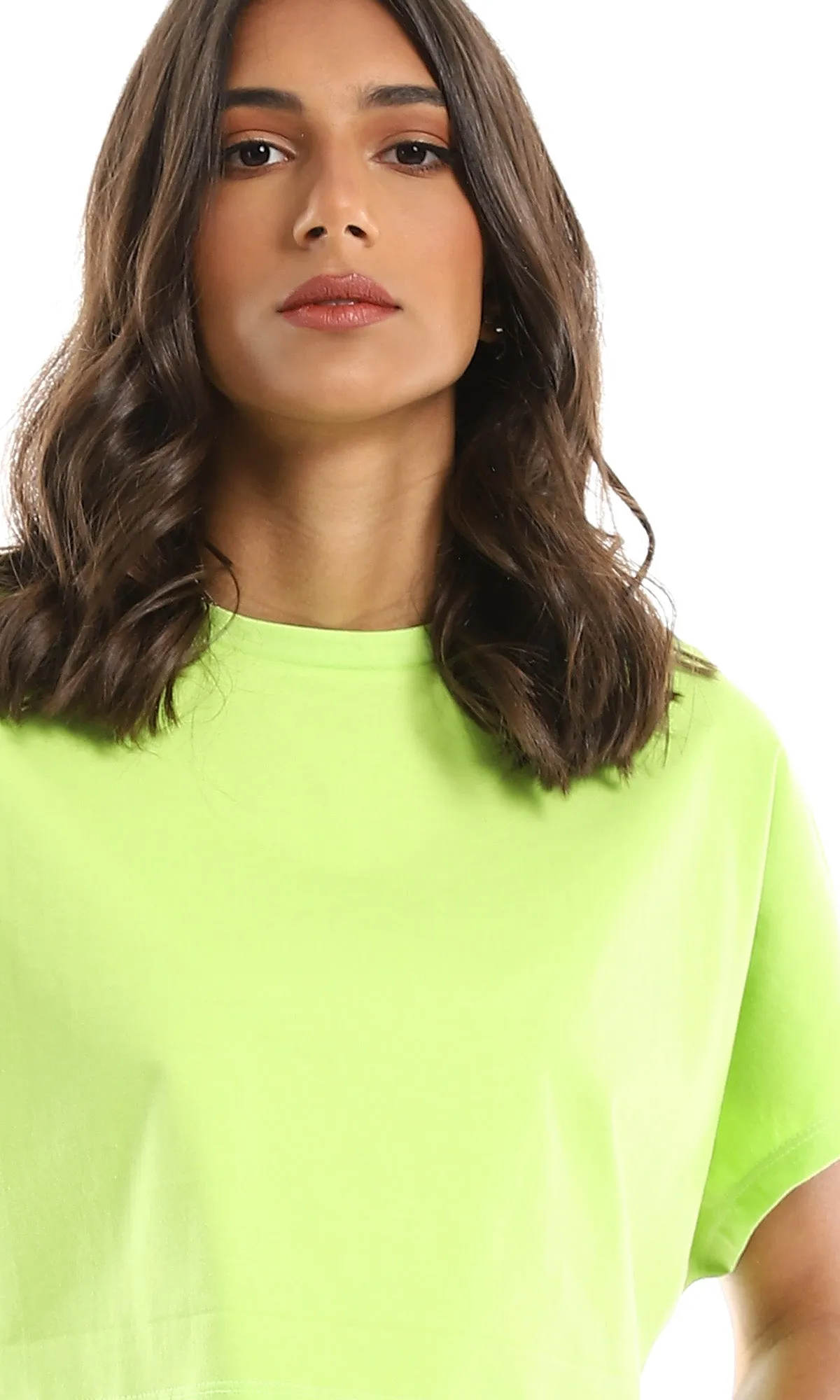 98847 Loose Solid Short Sleeves Neon Green Cropped Tee