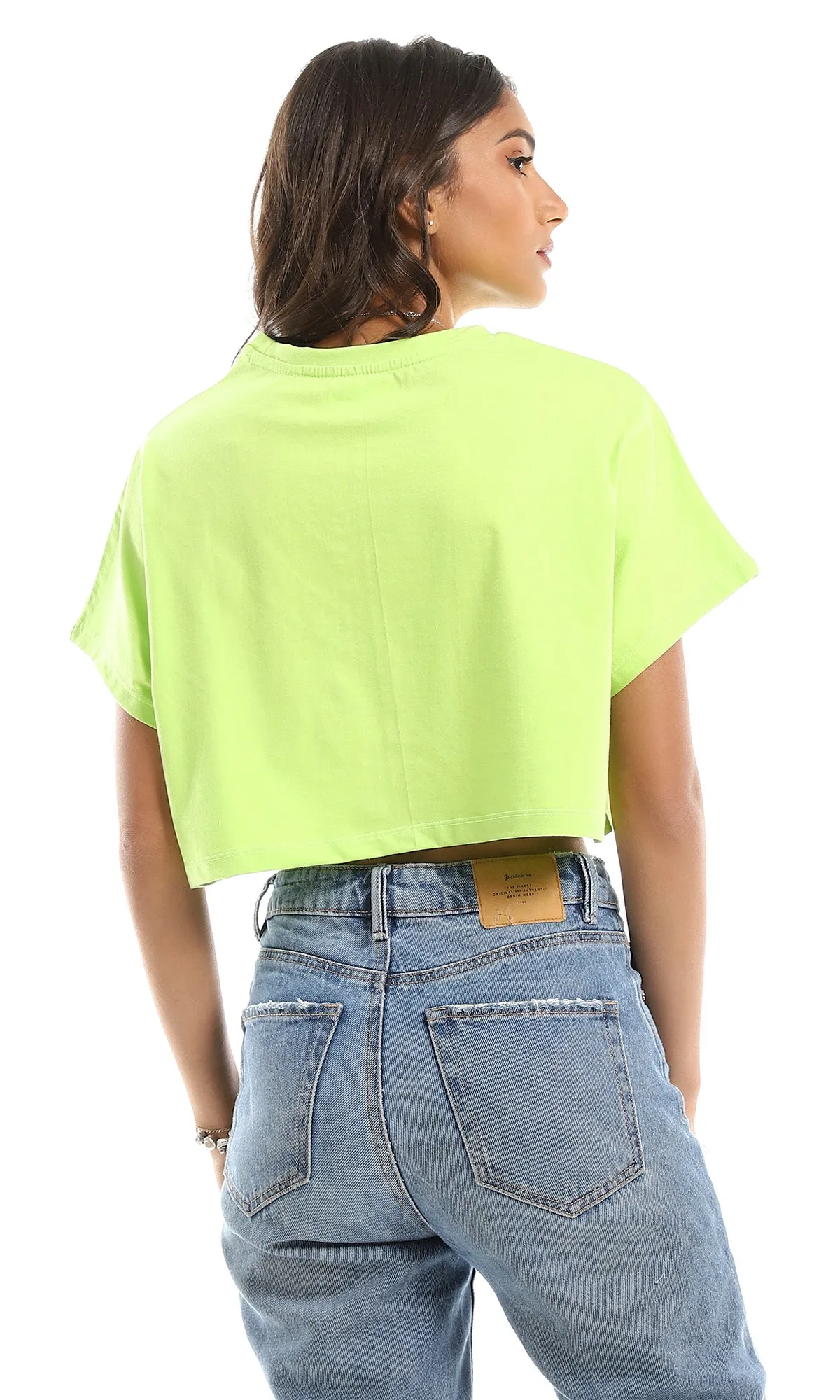 98847 Loose Solid Short Sleeves Neon Green Cropped Tee