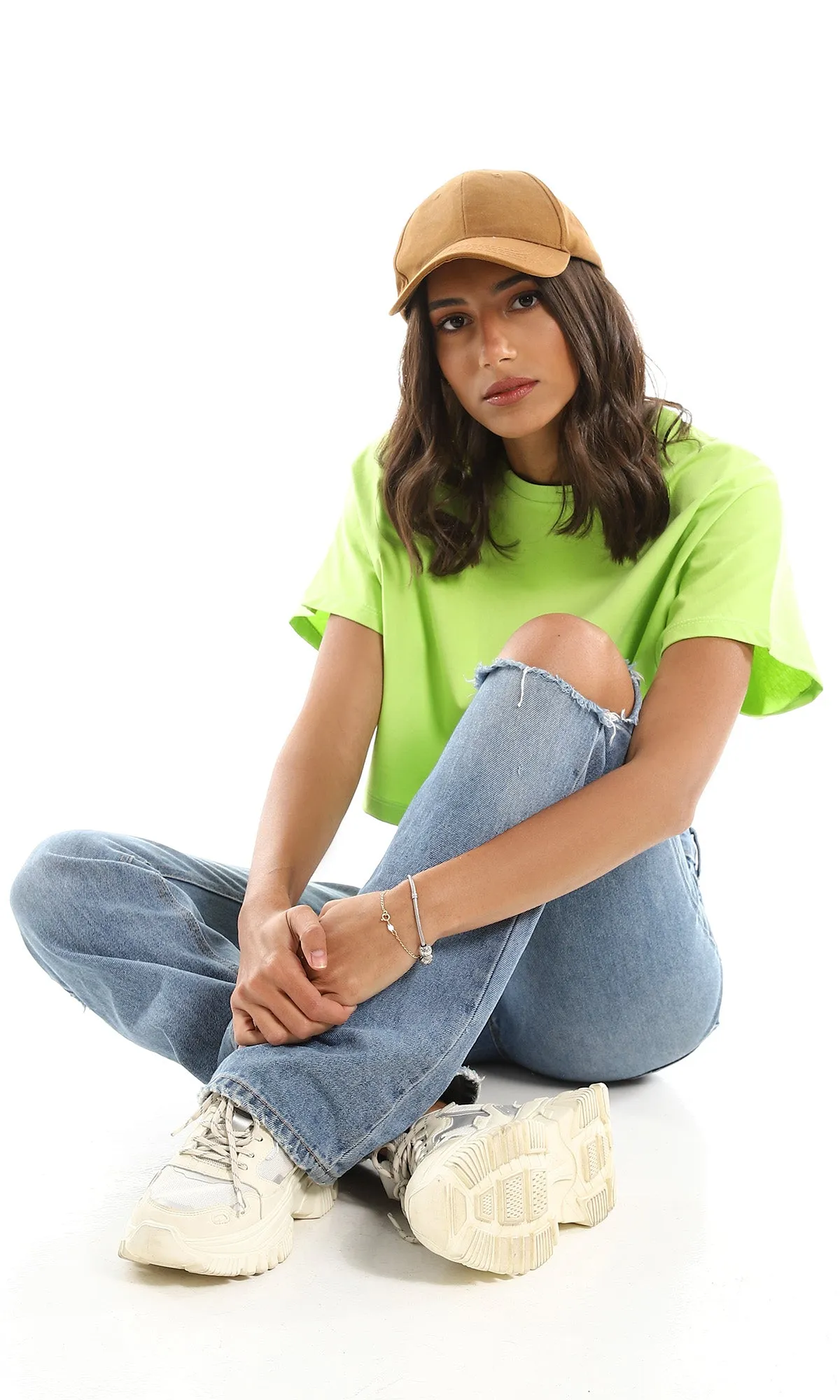 98847 Loose Solid Short Sleeves Neon Green Cropped Tee