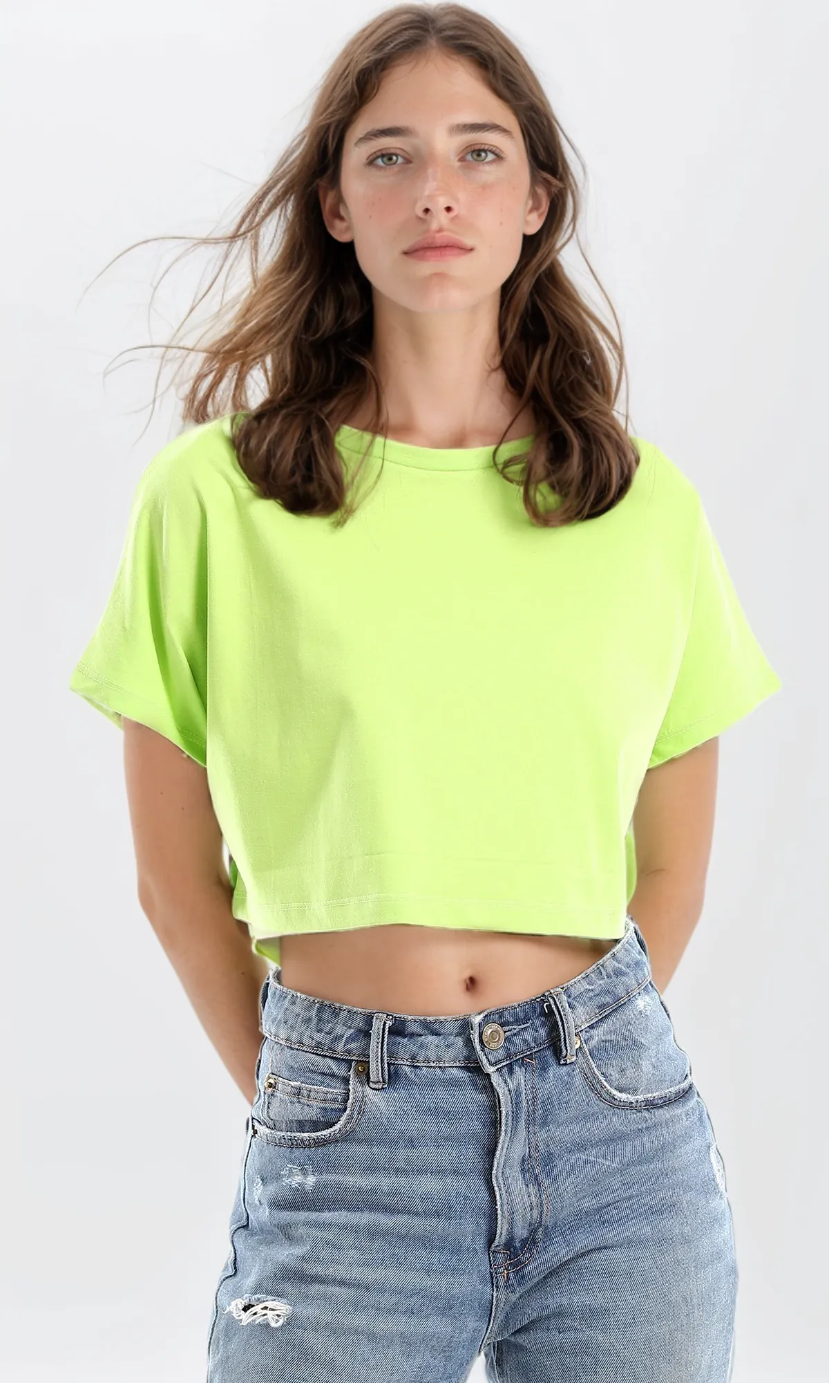 98847 Loose Solid Short Sleeves Neon Green Cropped Tee