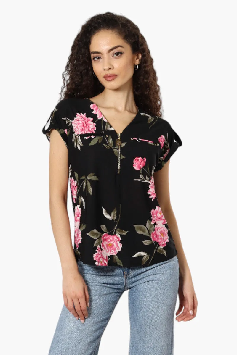 Beechers Brook Floral Half Zip Tee - Black