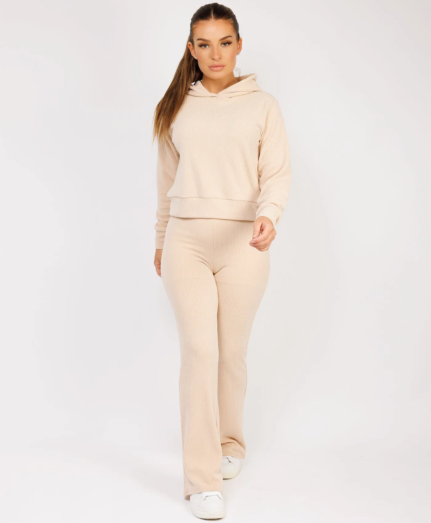 Beige Ribbed Hoody & Skinny Flare Trousers Loungewear Set