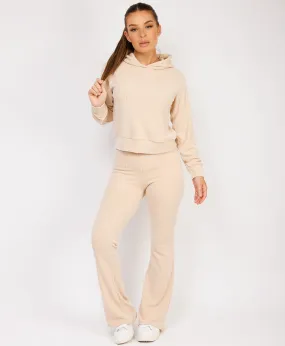 Beige Ribbed Hoody & Skinny Flare Trousers Loungewear Set