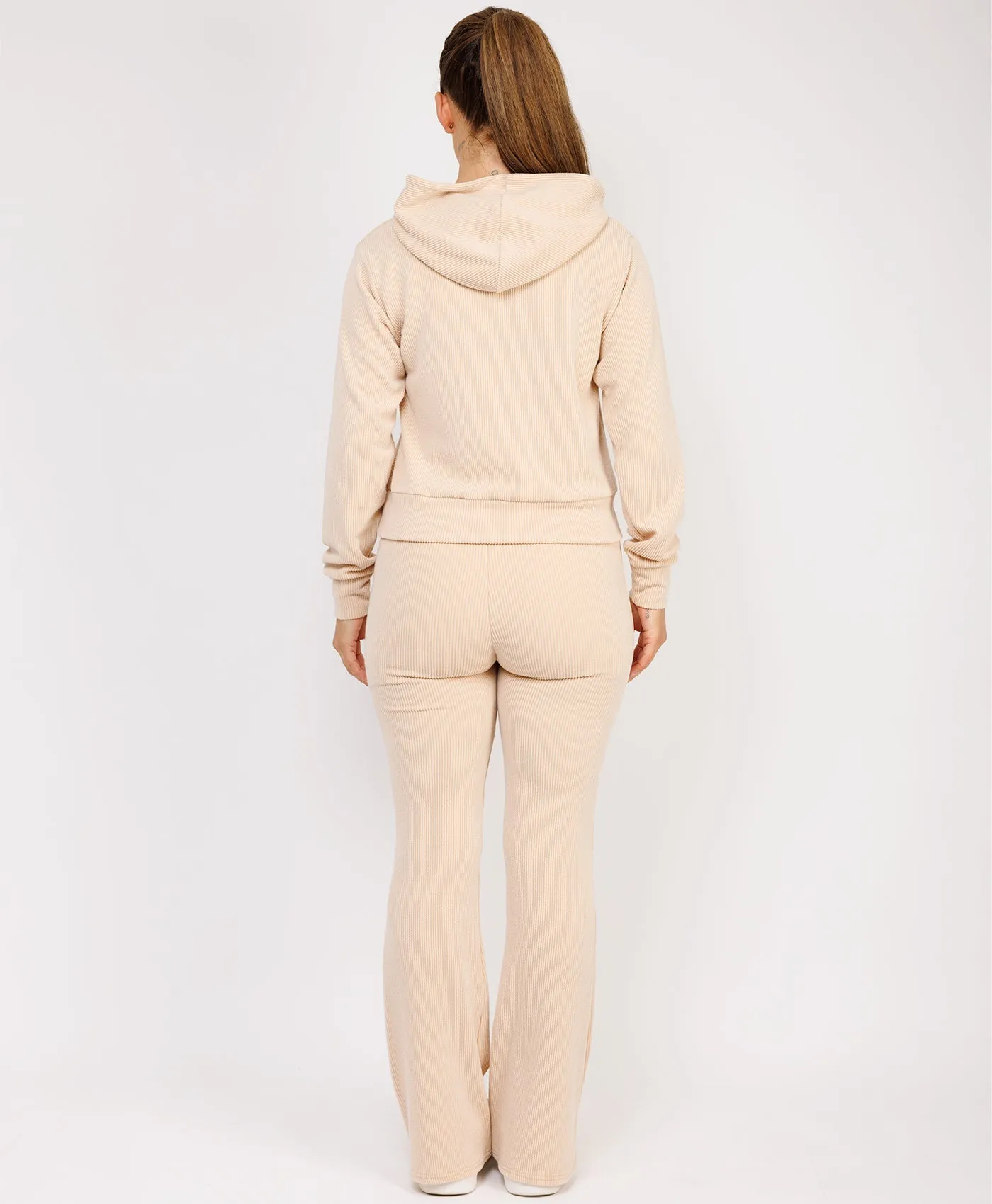 Beige Ribbed Hoody & Skinny Flare Trousers Loungewear Set