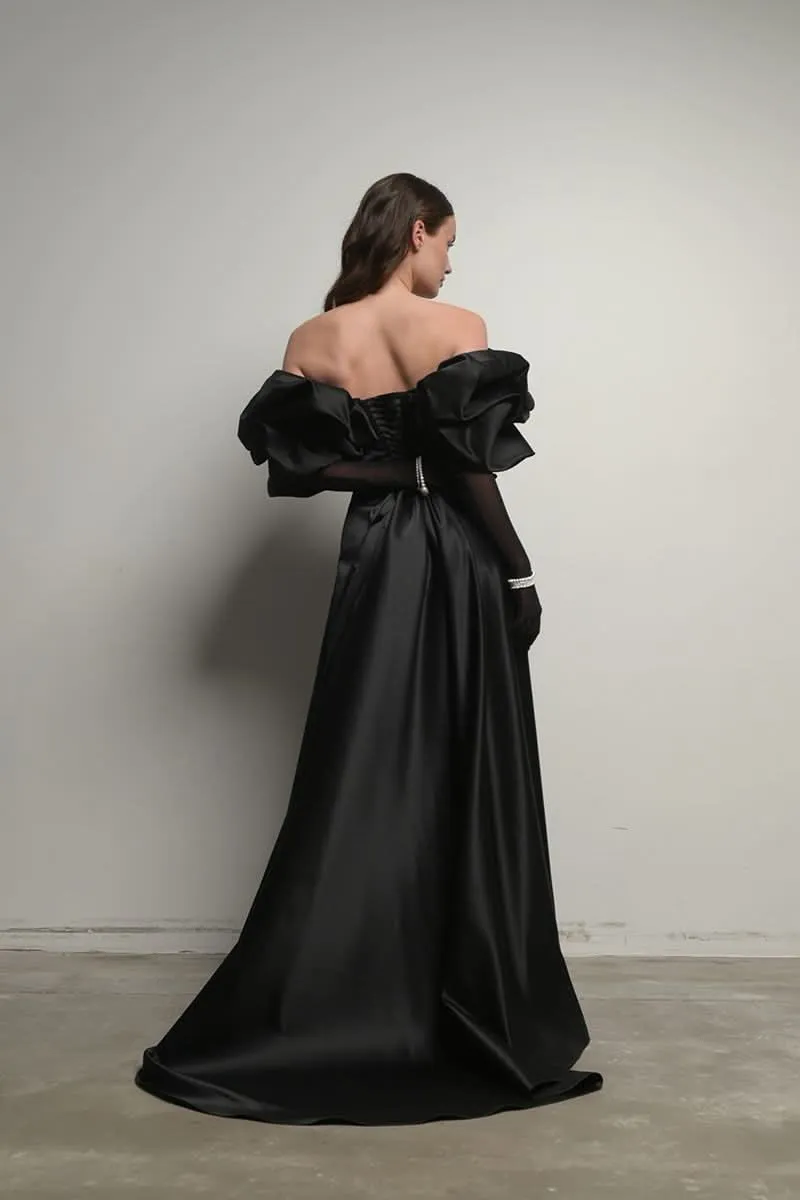 BLACK CORSET DRESS GOWN WITH MERINGUE FLOUNCES