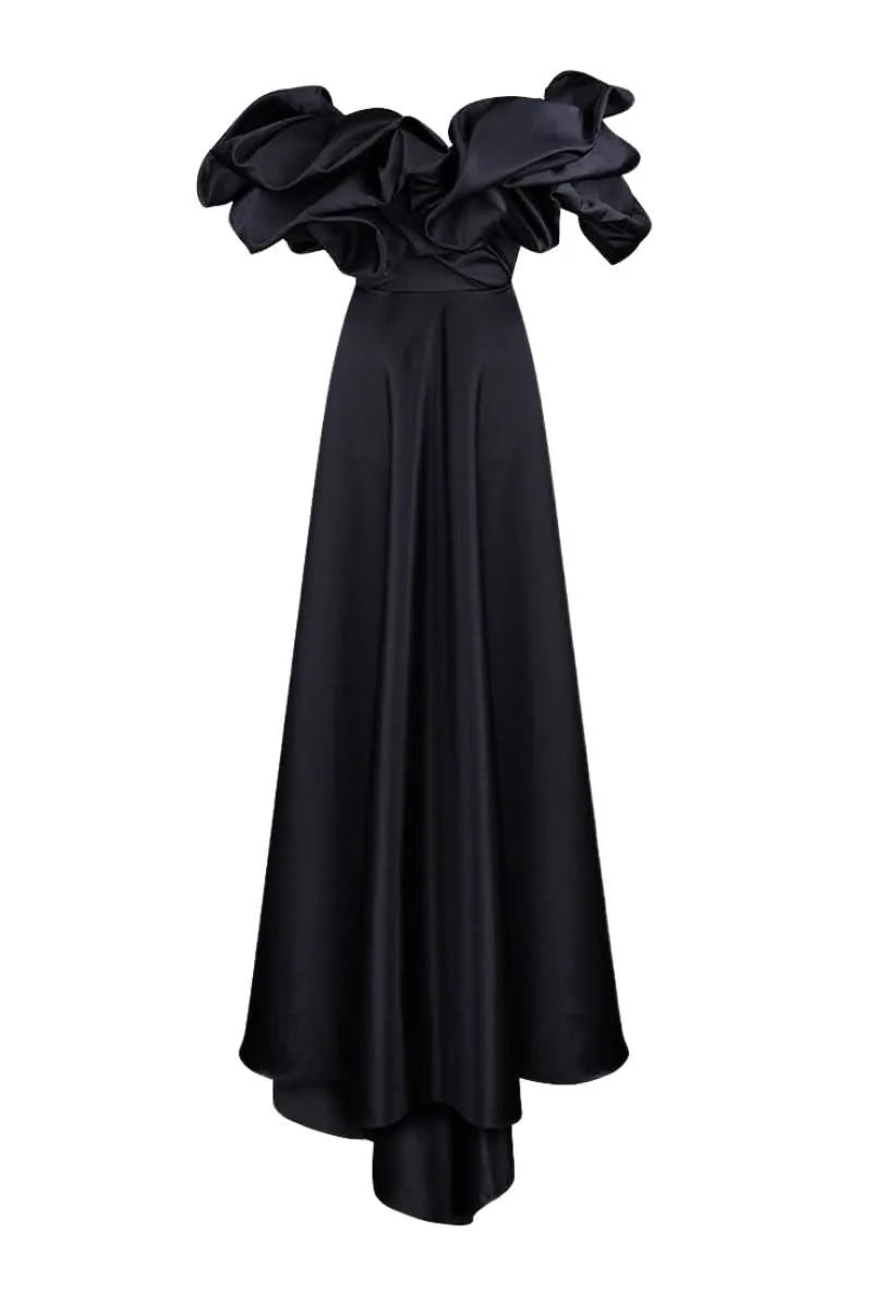 BLACK CORSET DRESS GOWN WITH MERINGUE FLOUNCES