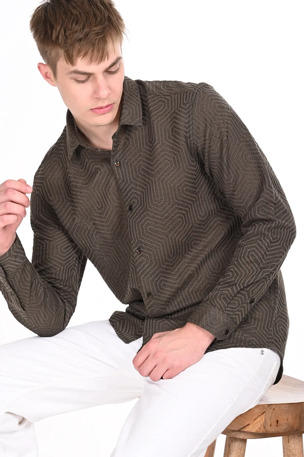 Brown Textured Regular Fit Shirt