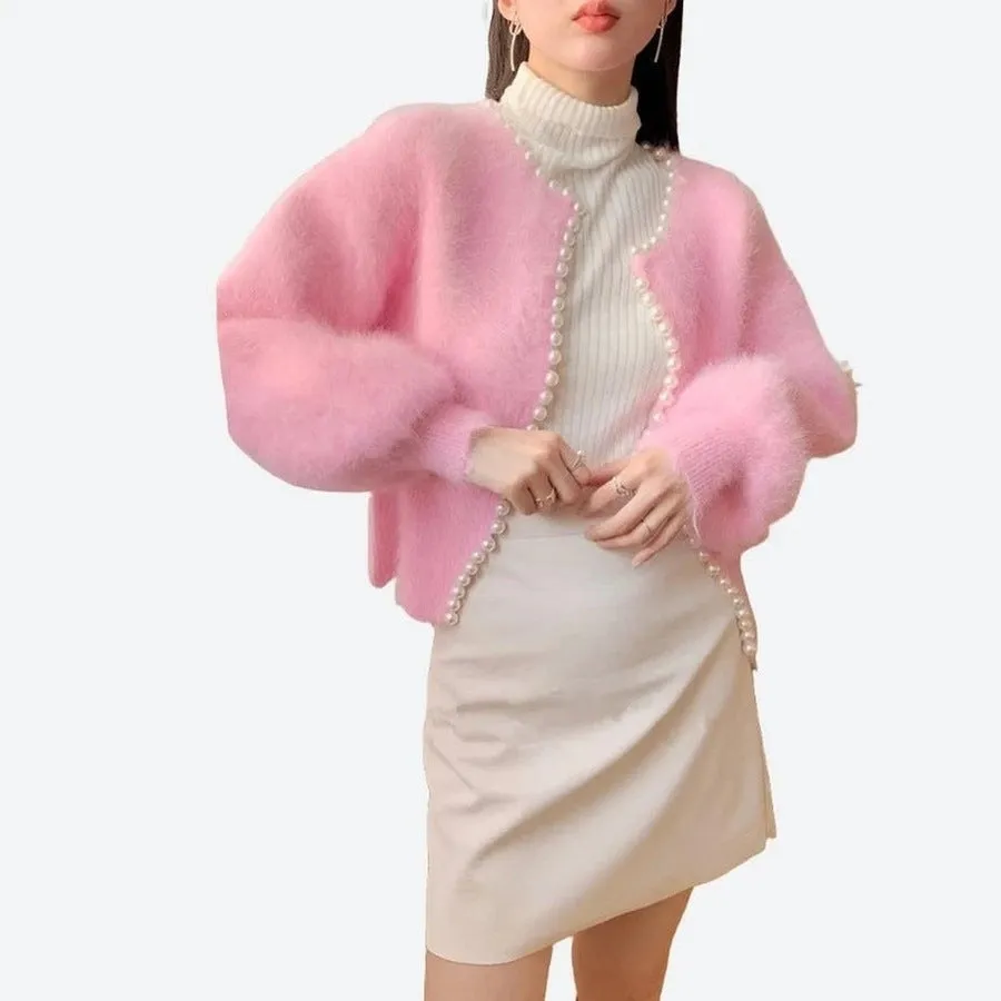 Elegant Pearl-Trimmed Fluffy Cardigans