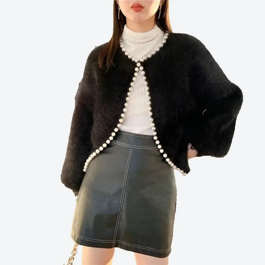 Elegant Pearl-Trimmed Fluffy Cardigans