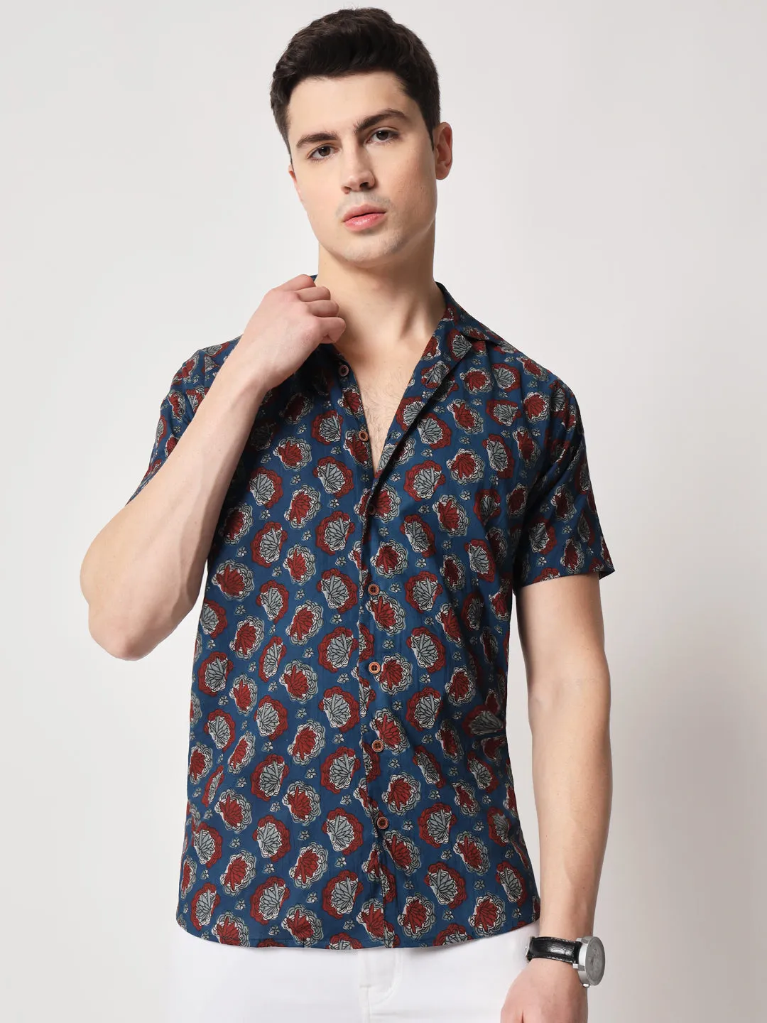 Firangi Yarn 100% Jaipuri Cotton Sea Shell Printed Beach Cuban Collar Casual Shirt Pure Indigo Dye