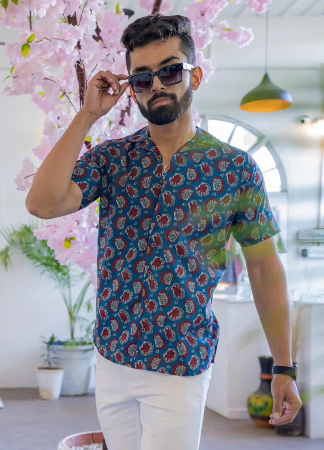 Firangi Yarn 100% Jaipuri Cotton Sea Shell Printed Beach Cuban Collar Casual Shirt Pure Indigo Dye