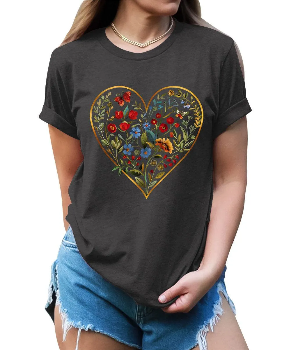 Flower Heart Graphic Tees For Women