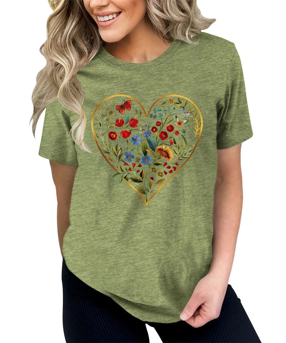 Flower Heart Graphic Tees For Women