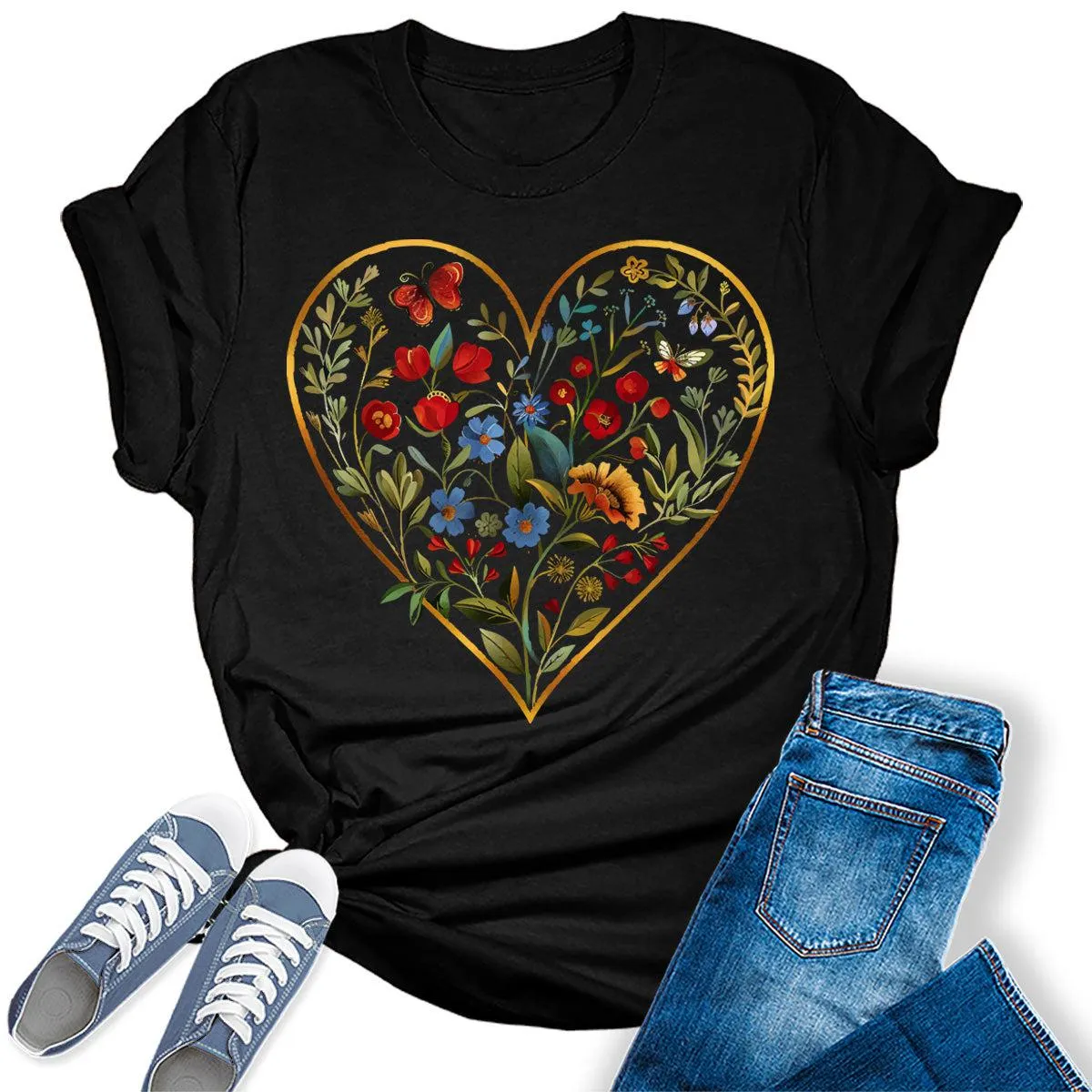 Flower Heart Graphic Tees For Women