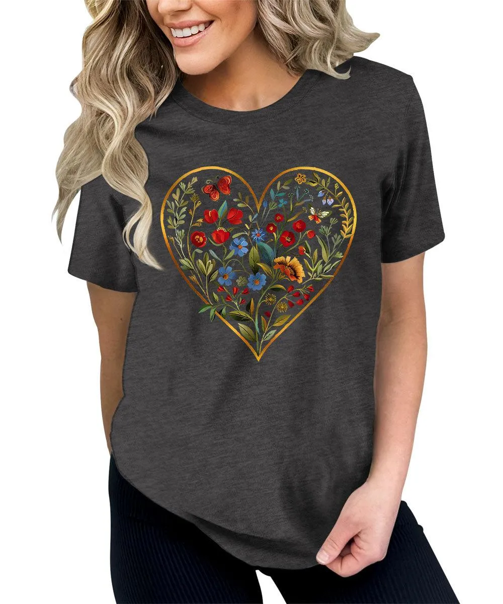 Flower Heart Graphic Tees For Women