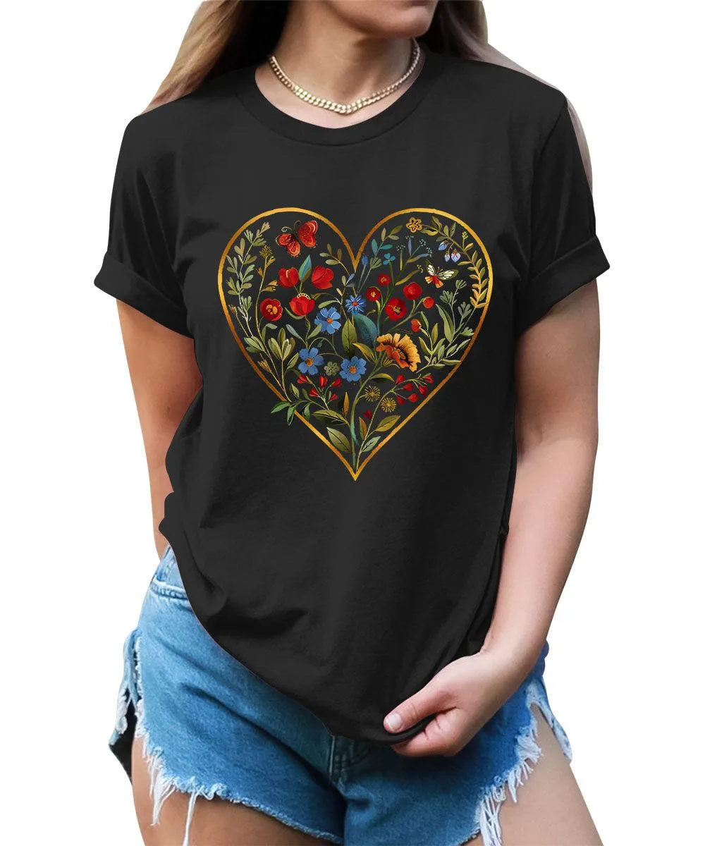 Flower Heart Graphic Tees For Women