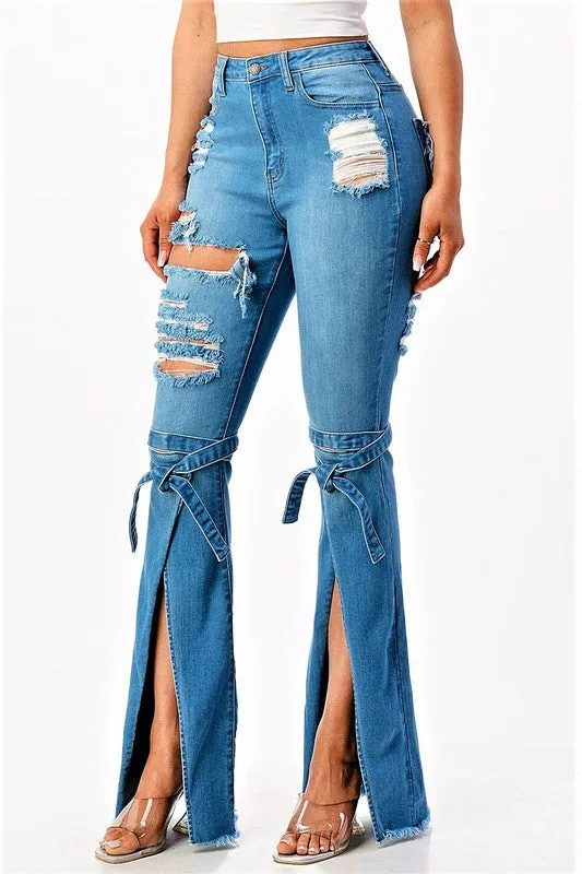 High Rise Destroyed Knee Tied Jeans