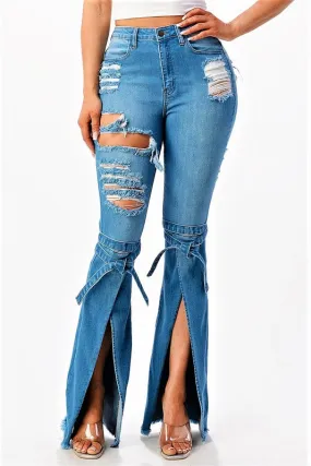 High Rise Destroyed Knee Tied Jeans