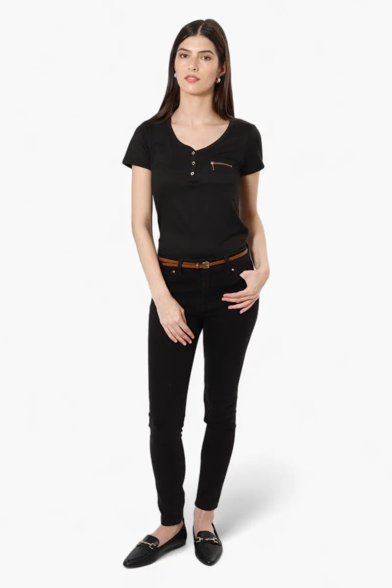 Magazine Henley Zip Pocket Tee - Black