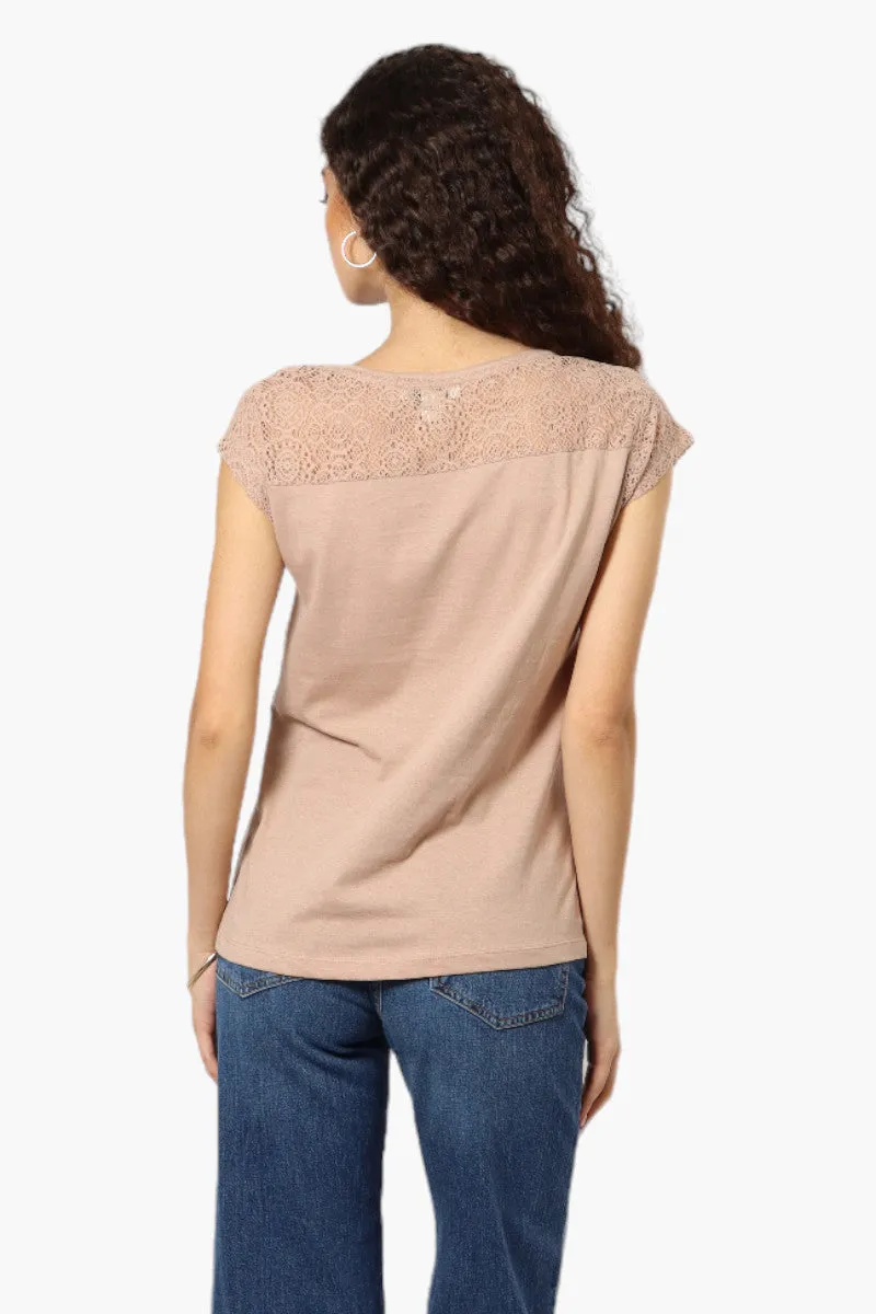 Majora Half Zip Lace Shoulder Tee - Beige