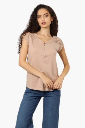 Majora Half Zip Lace Shoulder Tee - Beige