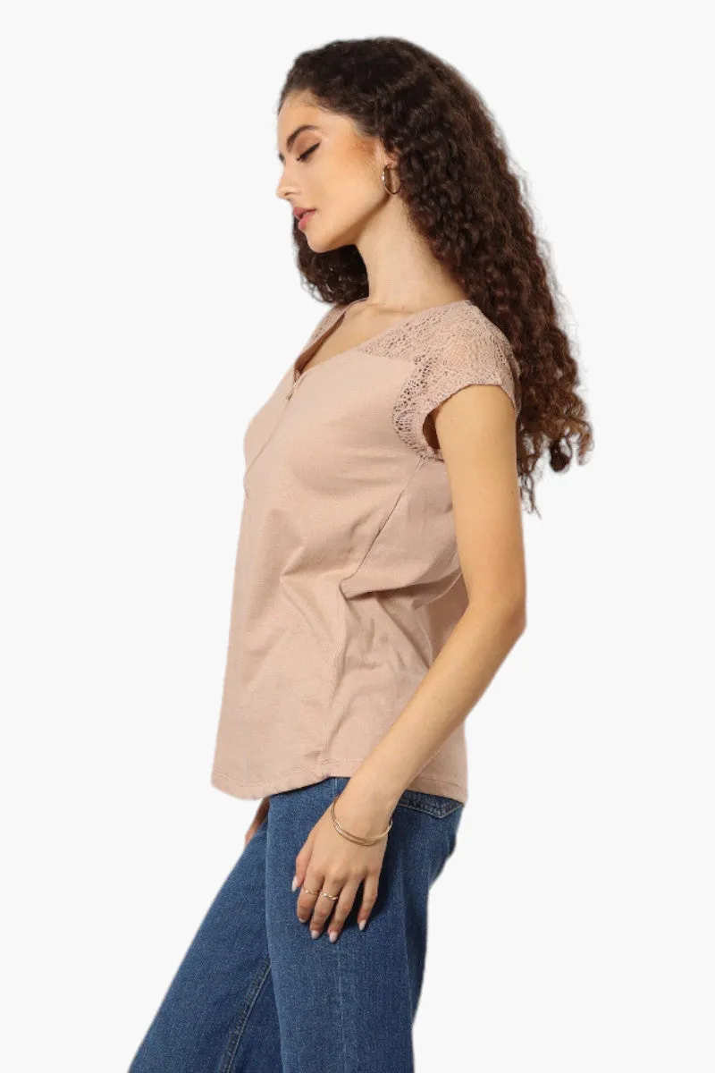 Majora Half Zip Lace Shoulder Tee - Beige