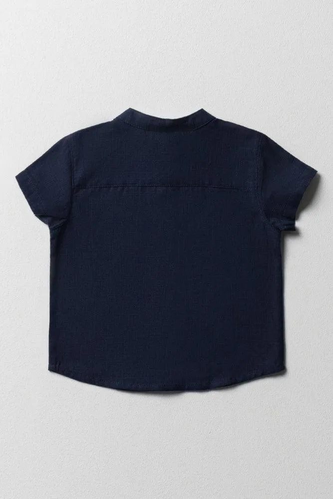 Mandarin Collar Short Sleeve Shirt Navy