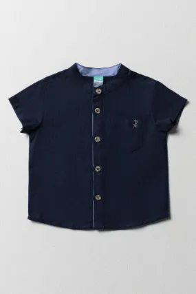 Mandarin Collar Short Sleeve Shirt Navy