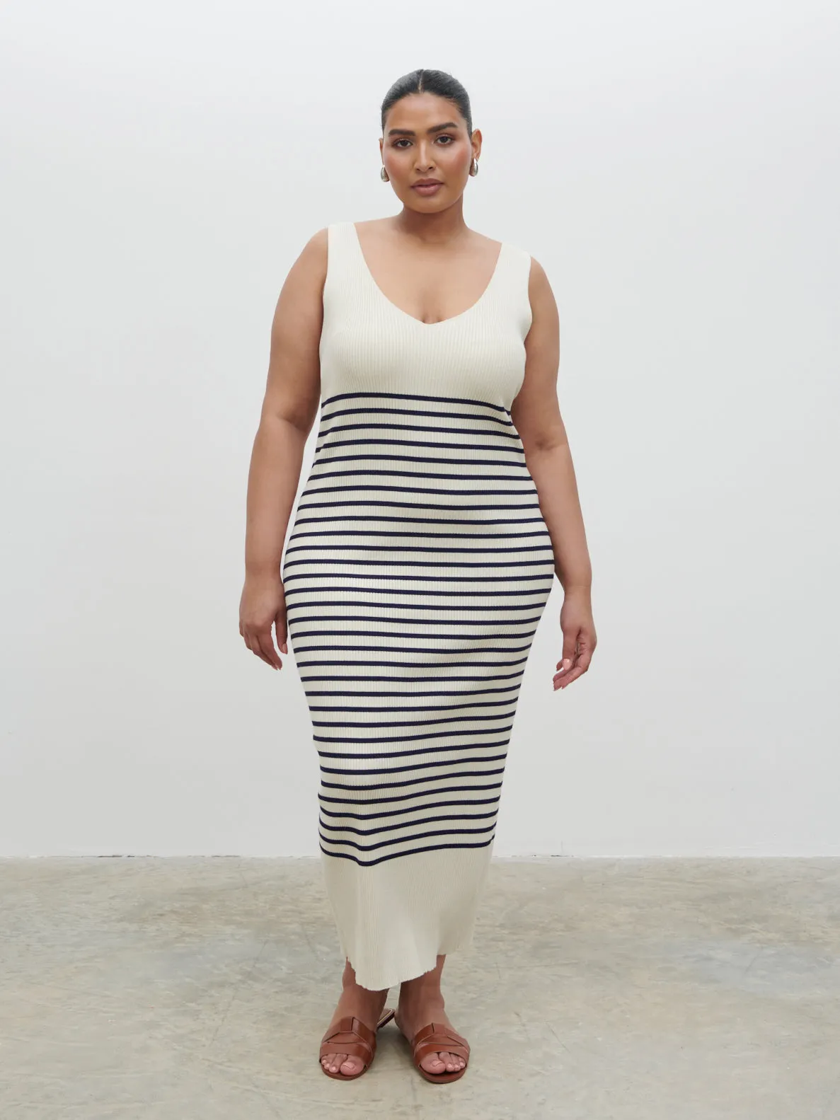 Maria Stripe Knit Midaxi Dress Curve - Cream and Navy