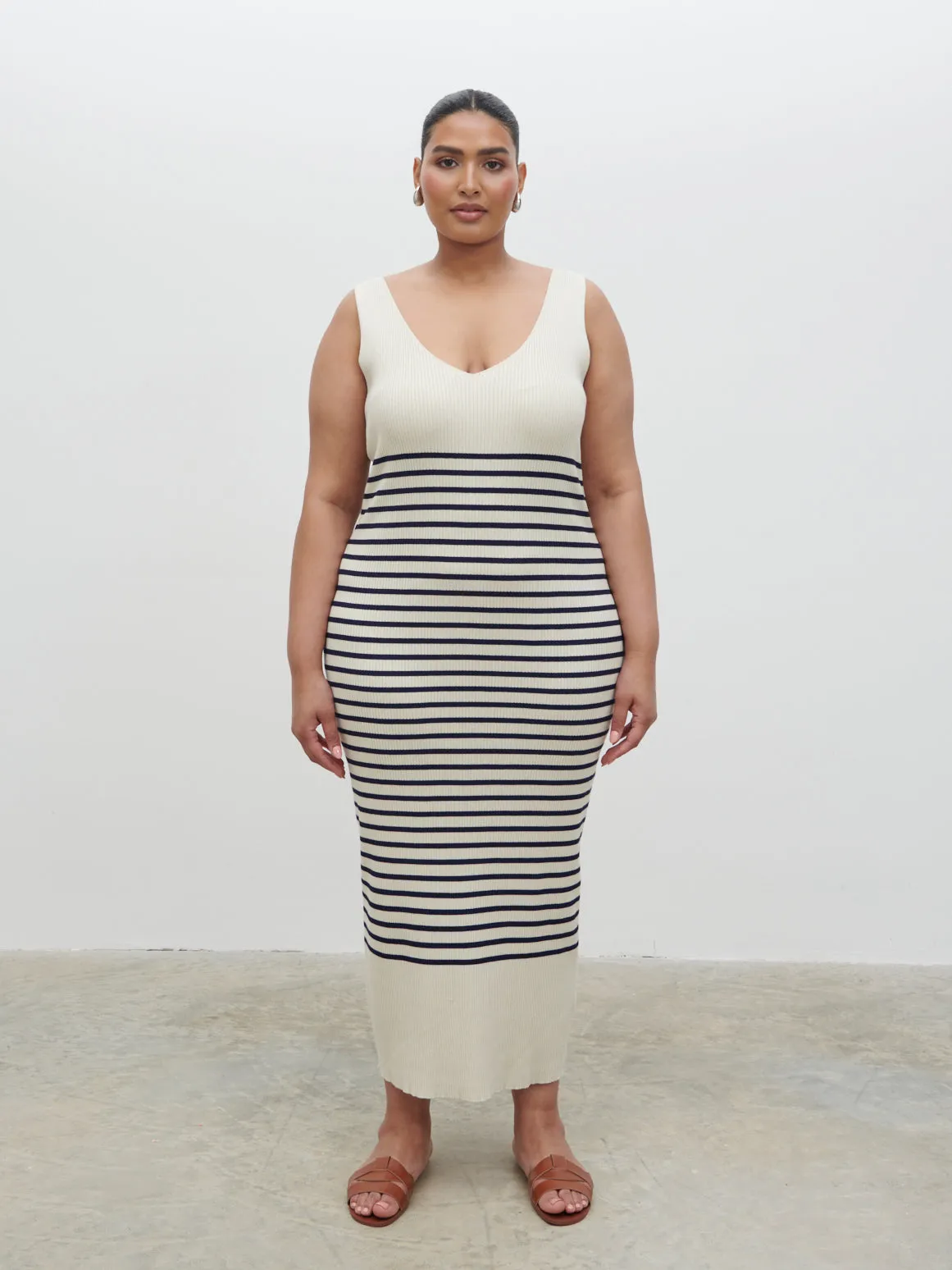 Maria Stripe Knit Midaxi Dress Curve - Cream and Navy