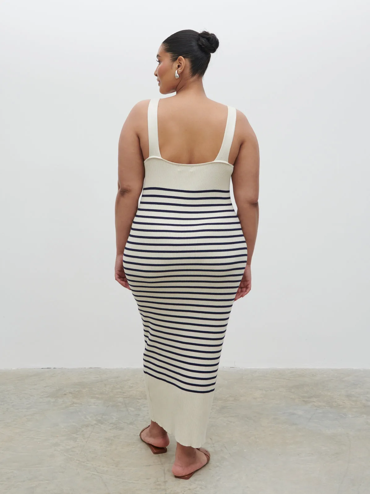 Maria Stripe Knit Midaxi Dress Curve - Cream and Navy