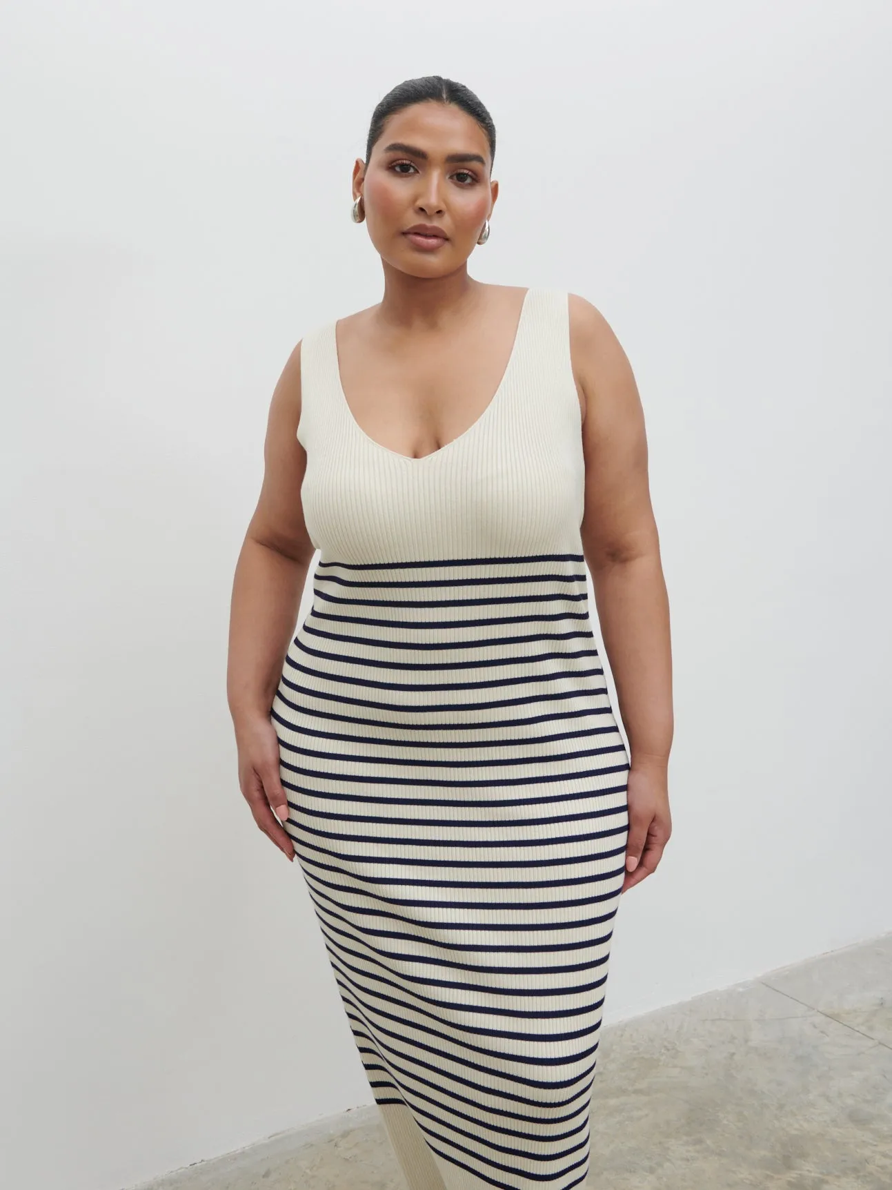 Maria Stripe Knit Midaxi Dress Curve - Cream and Navy