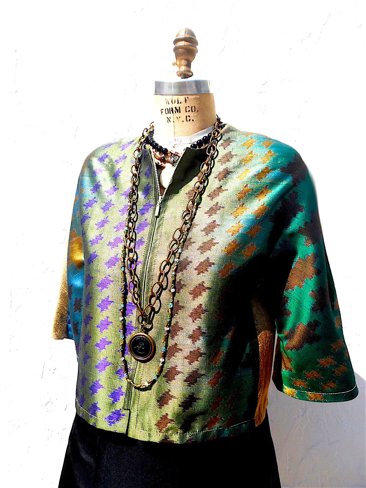 Modern Ikat Couture Cut Jacket Green Gold