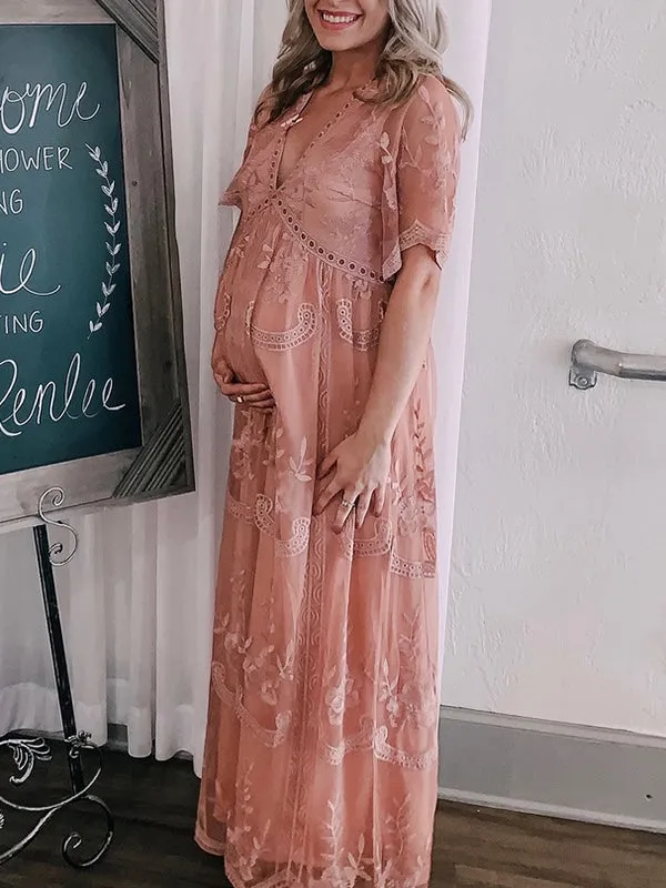 Momnfancy Pink Lace Wavy Edge Flowers Elegant Babyshower Maternity Photoshoot Maxi Dress