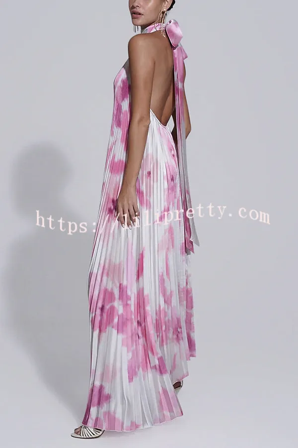 Opera Pleated Colorblock Camouflage Print Cutout Halter  A-line Maxi Dress