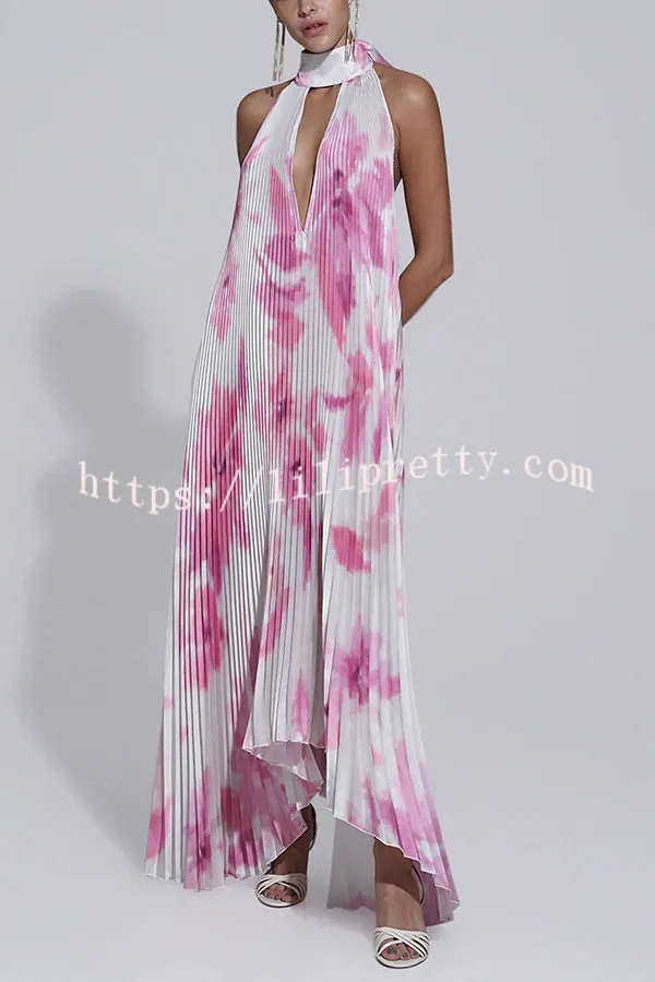 Opera Pleated Colorblock Camouflage Print Cutout Halter  A-line Maxi Dress