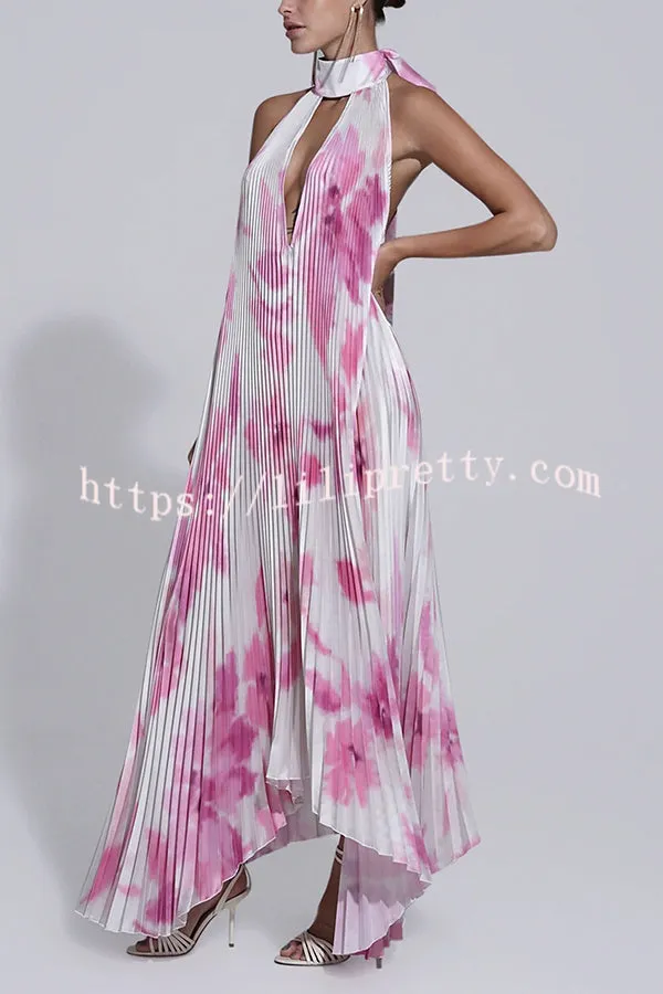 Opera Pleated Colorblock Camouflage Print Cutout Halter  A-line Maxi Dress