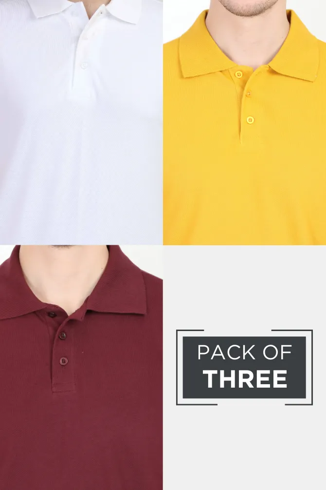 Pack Of 3 Polo T-Shirts White Maroon and Mustard Yellow for Men