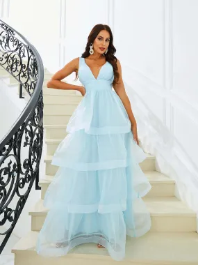 Plunge V-Neck Tiered Blue Organza Ball Gown M02331