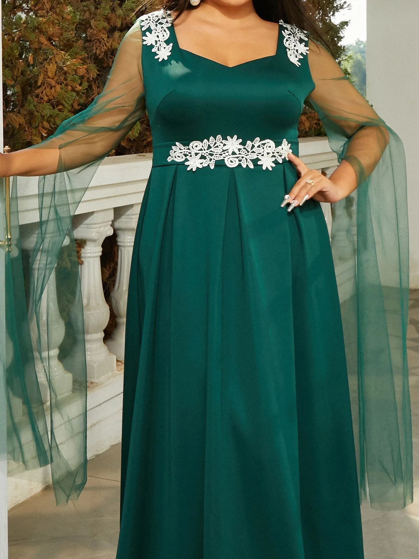 Plus Size Mesh Sleeve A-Line Emerald Green Ball Gown PRM21169