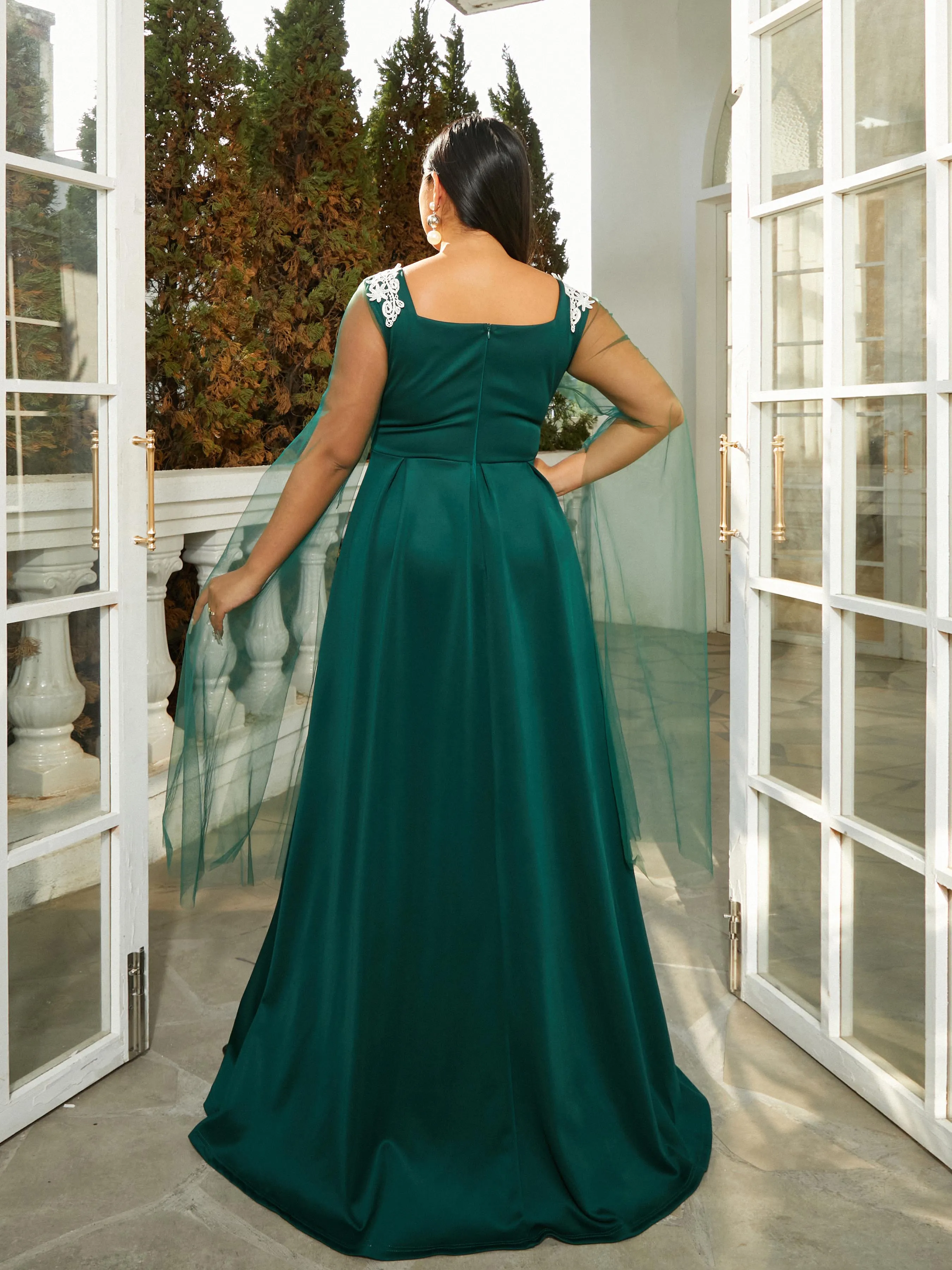 Plus Size Mesh Sleeve A-Line Emerald Green Ball Gown PRM21169