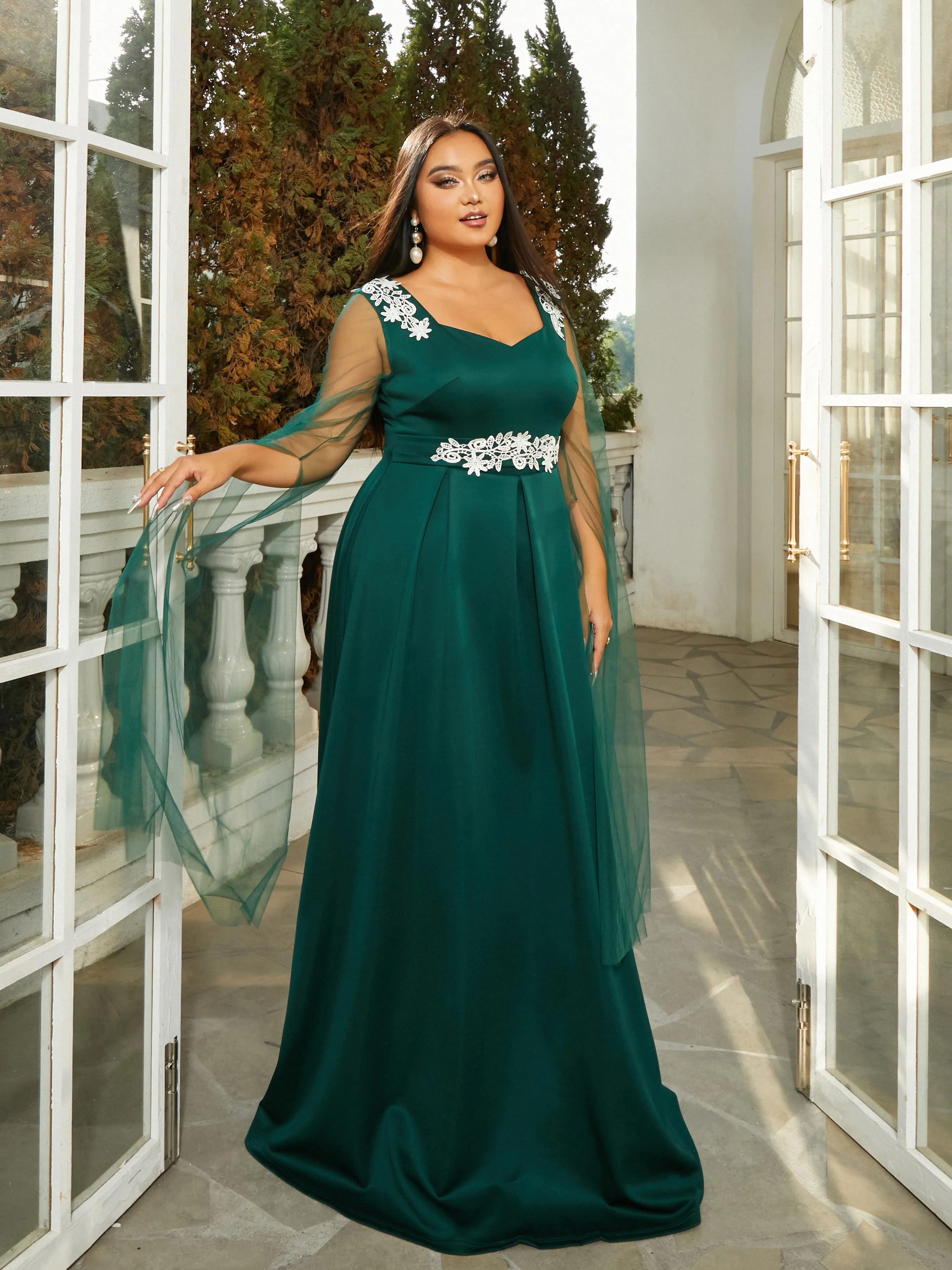 Plus Size Mesh Sleeve A-Line Emerald Green Ball Gown PRM21169