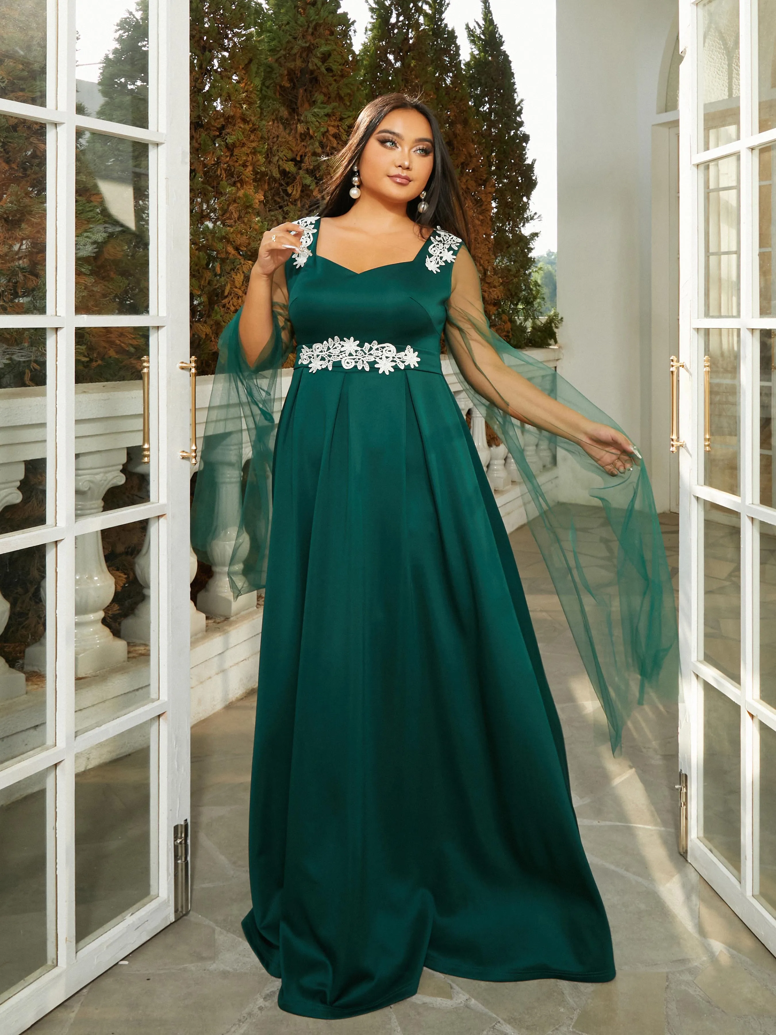 Plus Size Mesh Sleeve A-Line Emerald Green Ball Gown PRM21169