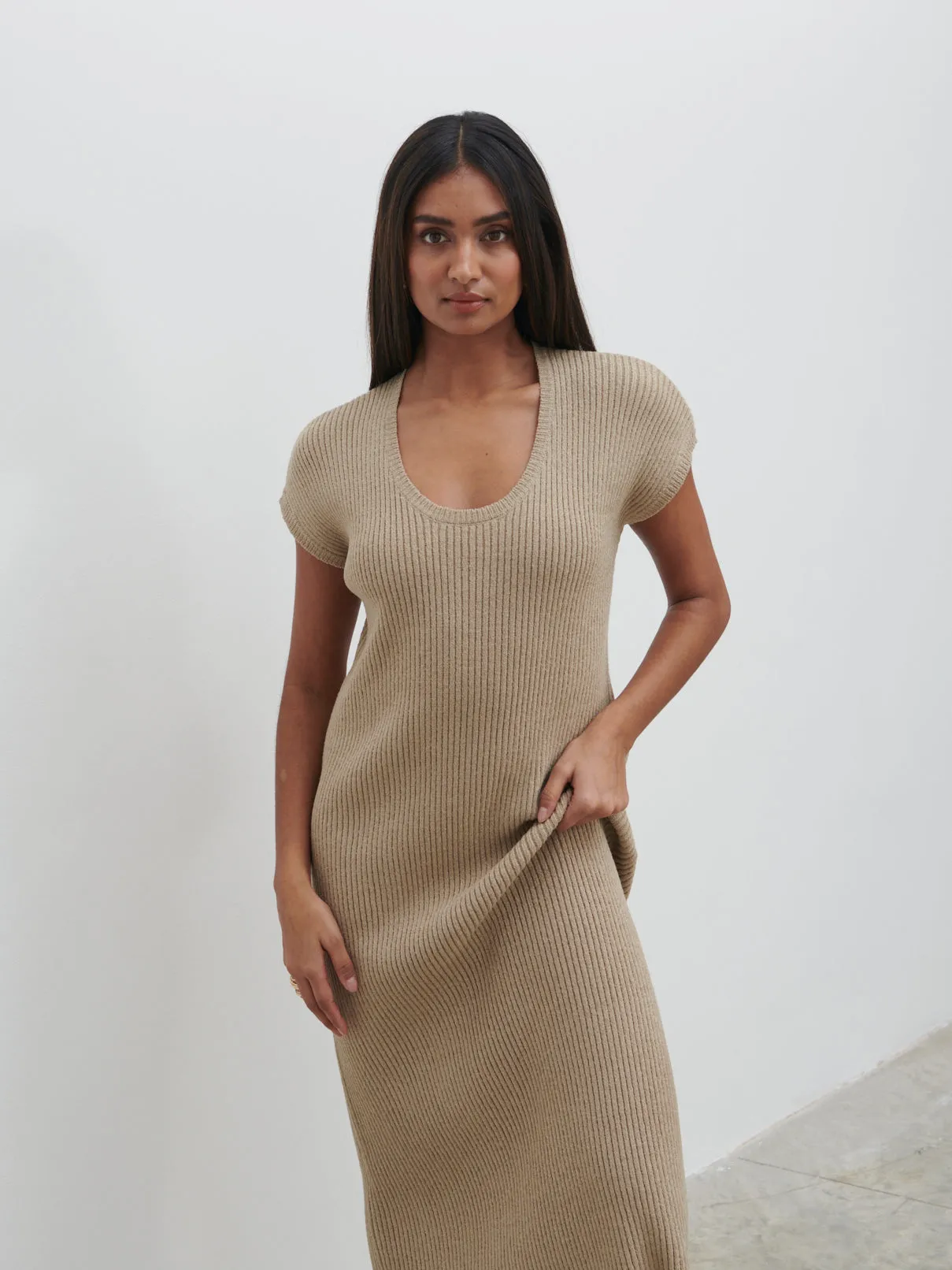 Rose Knit Midaxi Dress - Stone Taupe