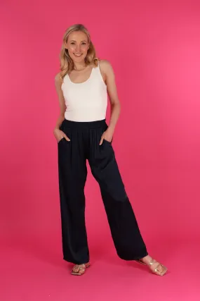 Silk Textured Wide Leg Trouser with Elasticated Waist in Navy Blue