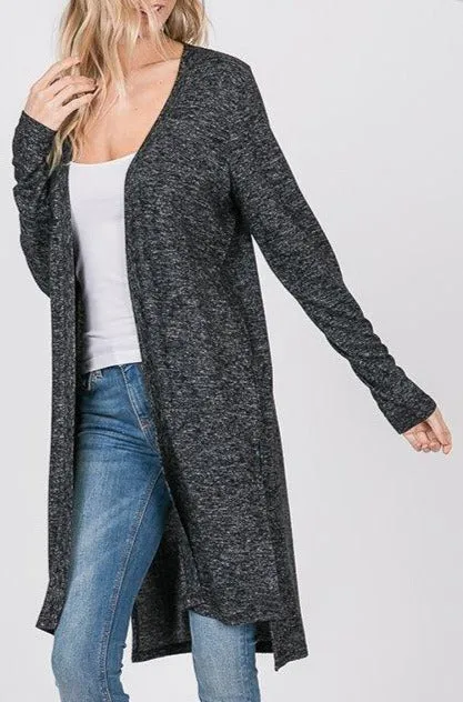 Super Soft Long Sleeve Hacci Open Front Cardigan - Dk Charcoal