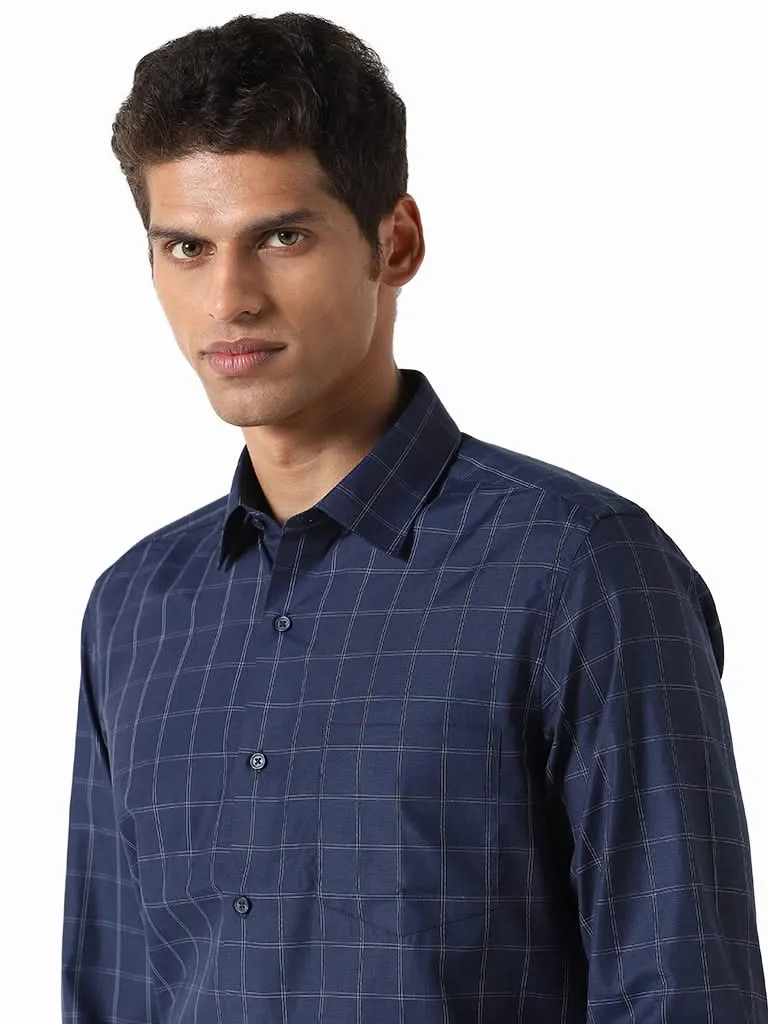 WES Formals Checked Navy Slim-Fit Shirt