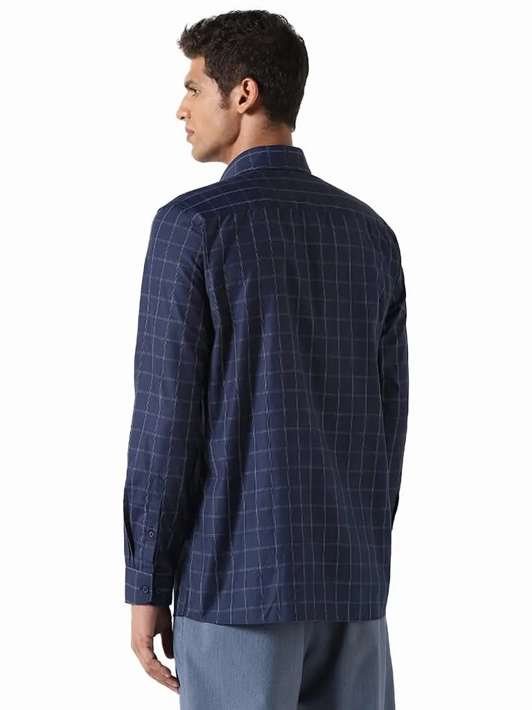 WES Formals Checked Navy Slim-Fit Shirt